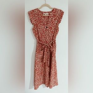 Monteau Red Floral Button Up Belt Midi Dress